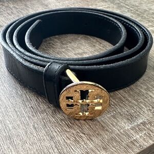Tory Burch Vintage Black Leather Slim Belt with Gold Logo Buckle